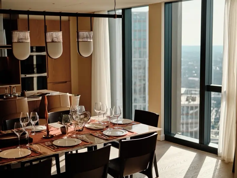 Dining table set for dinner with a city view